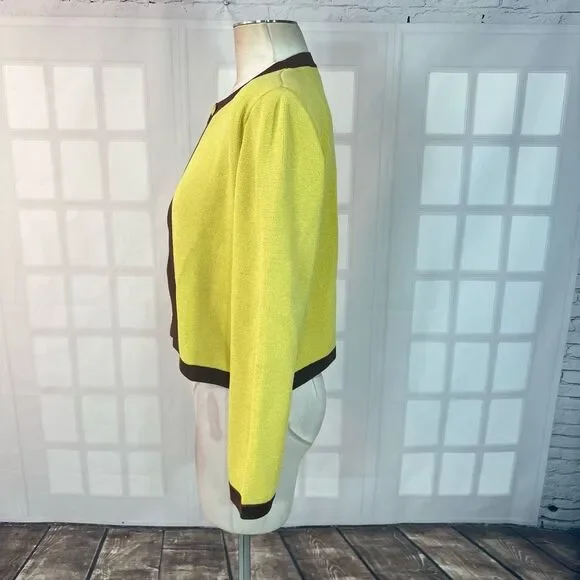 St John collection yellow knit brown trim cardigan size 12 - Picture 6 of 10